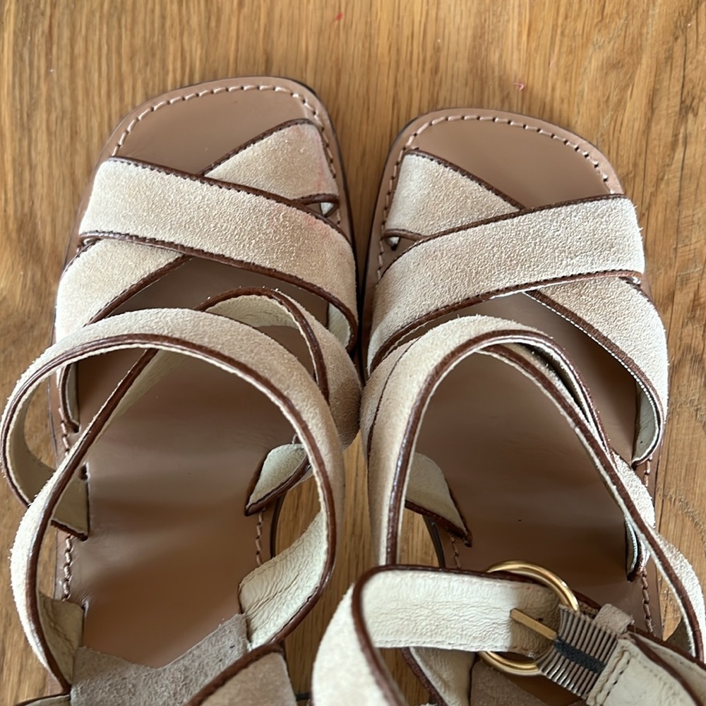 Michael Kors Natural Suede Sz 11 Women’s Block Heel Strappy Sandal Square Toe - Picture 12 of 15